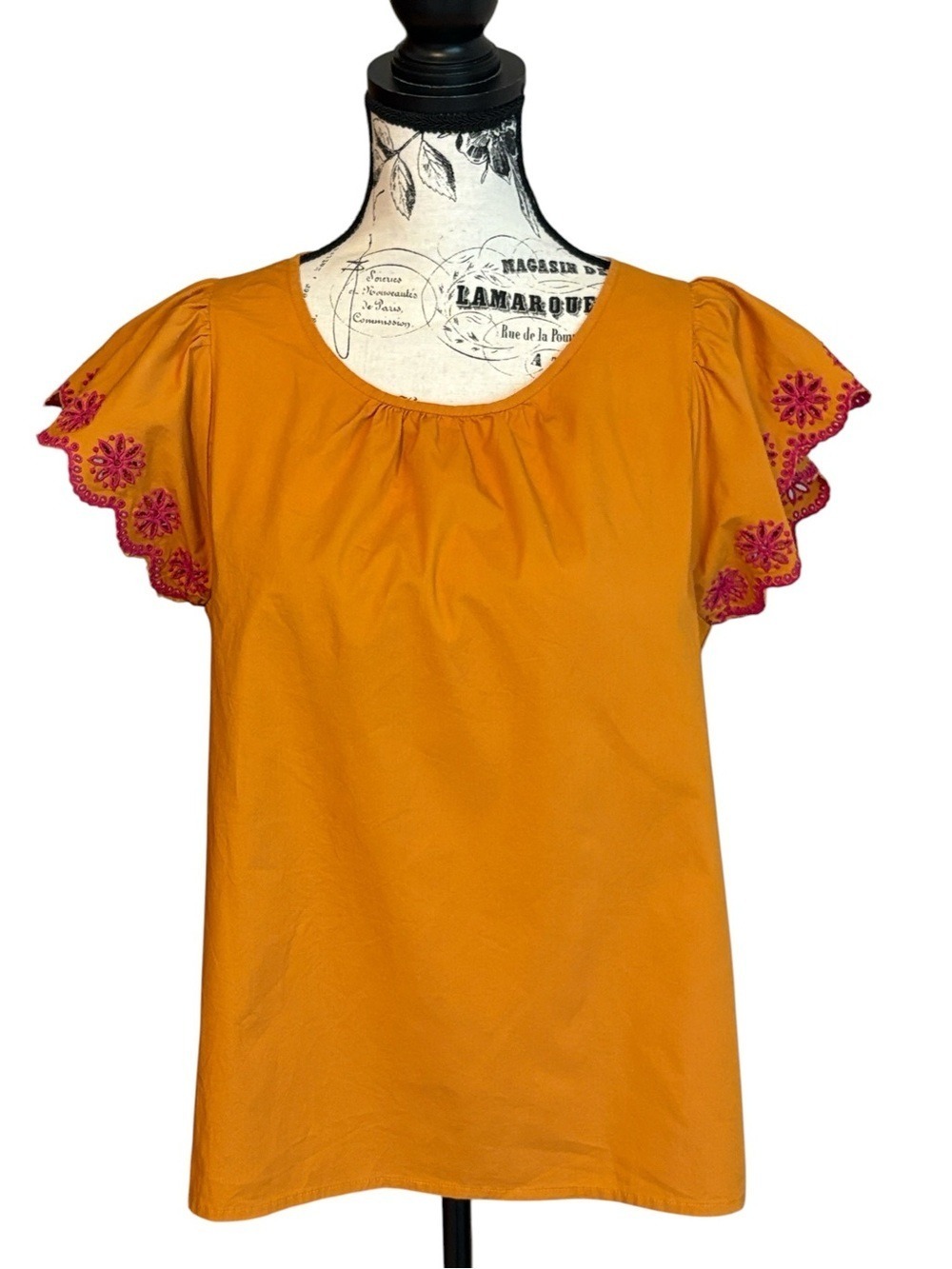 J. Crew Embroidered Flutter Sleeve Top Eyelet Gold and Pink Size S